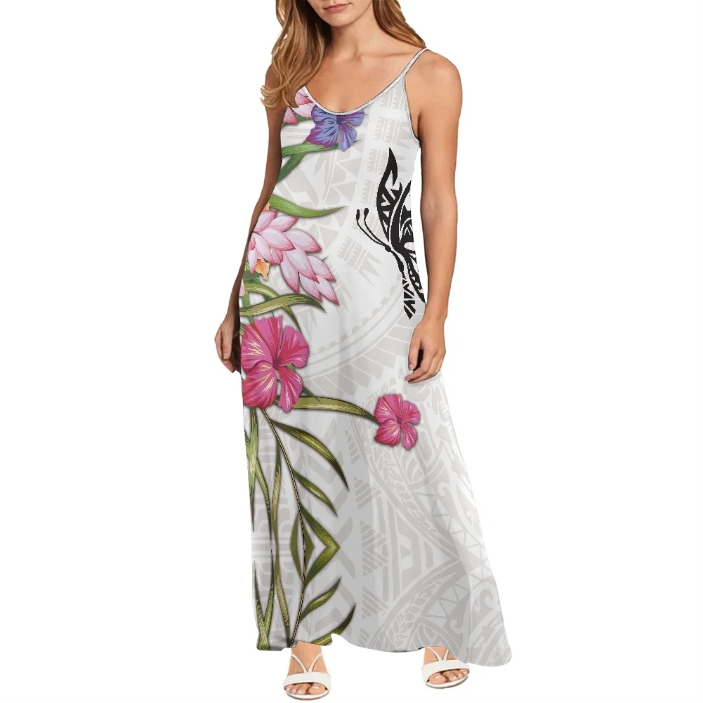 

New Arrivals Summer Sexy V-neck Maxi Dresses Women Clothing Polynesian Tribal Hibiscus Print Spaghetti Strap Party Dress