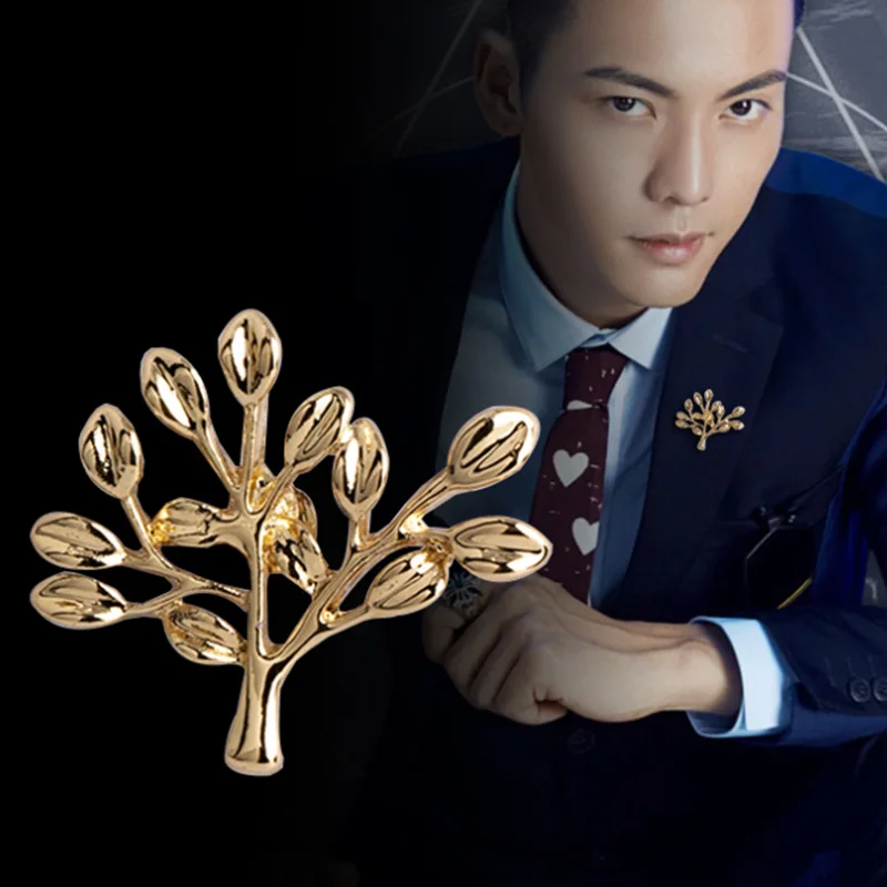 Высокое качество сплав Мужская Брошь маленький золотой цвет Дерево лист пальто