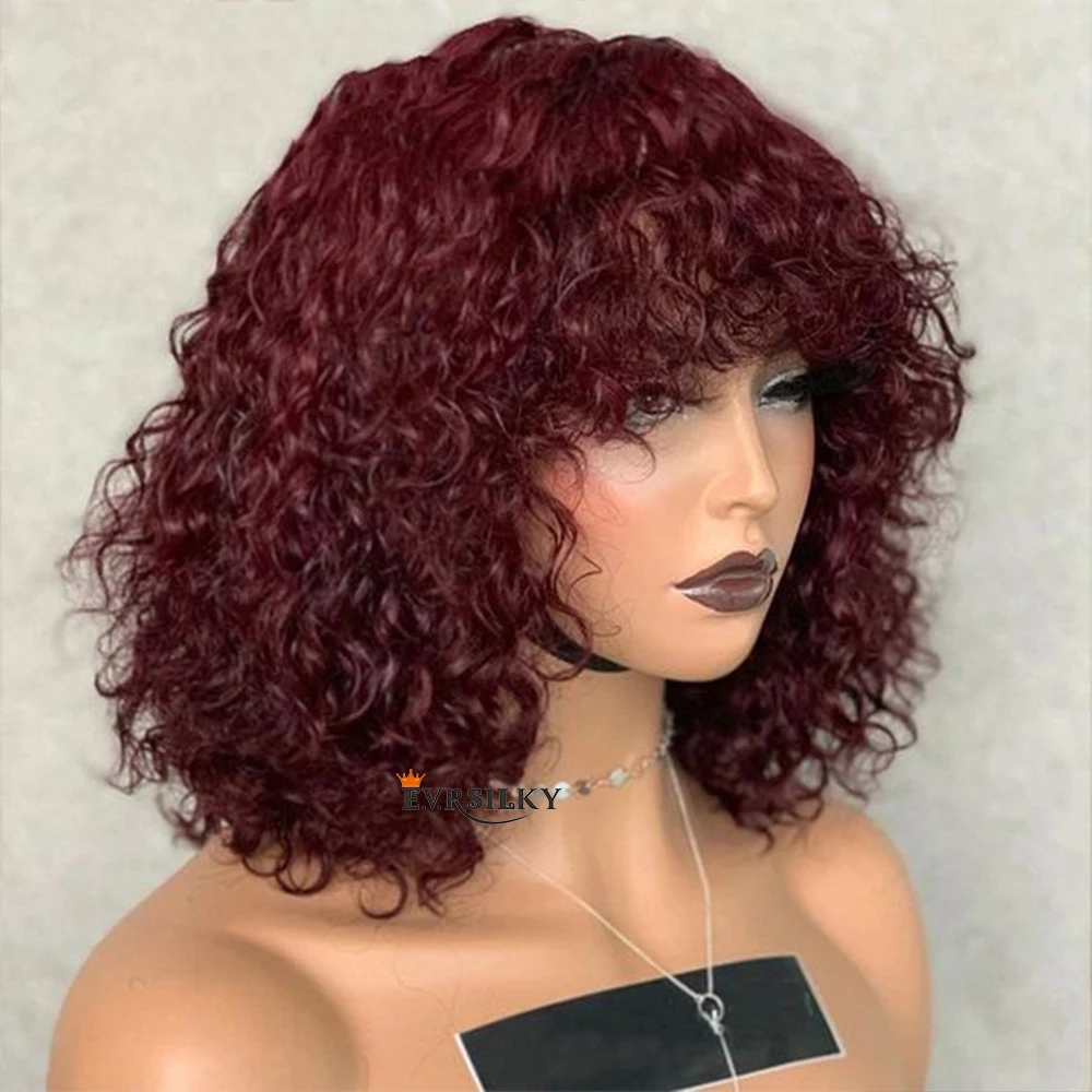 

Fringe Wig Deep Wave Human Hair Wigs With Bangs 200 Density 99J Brown Colored Wigs Short Curly Bob Wig Full Machine Remy Hair