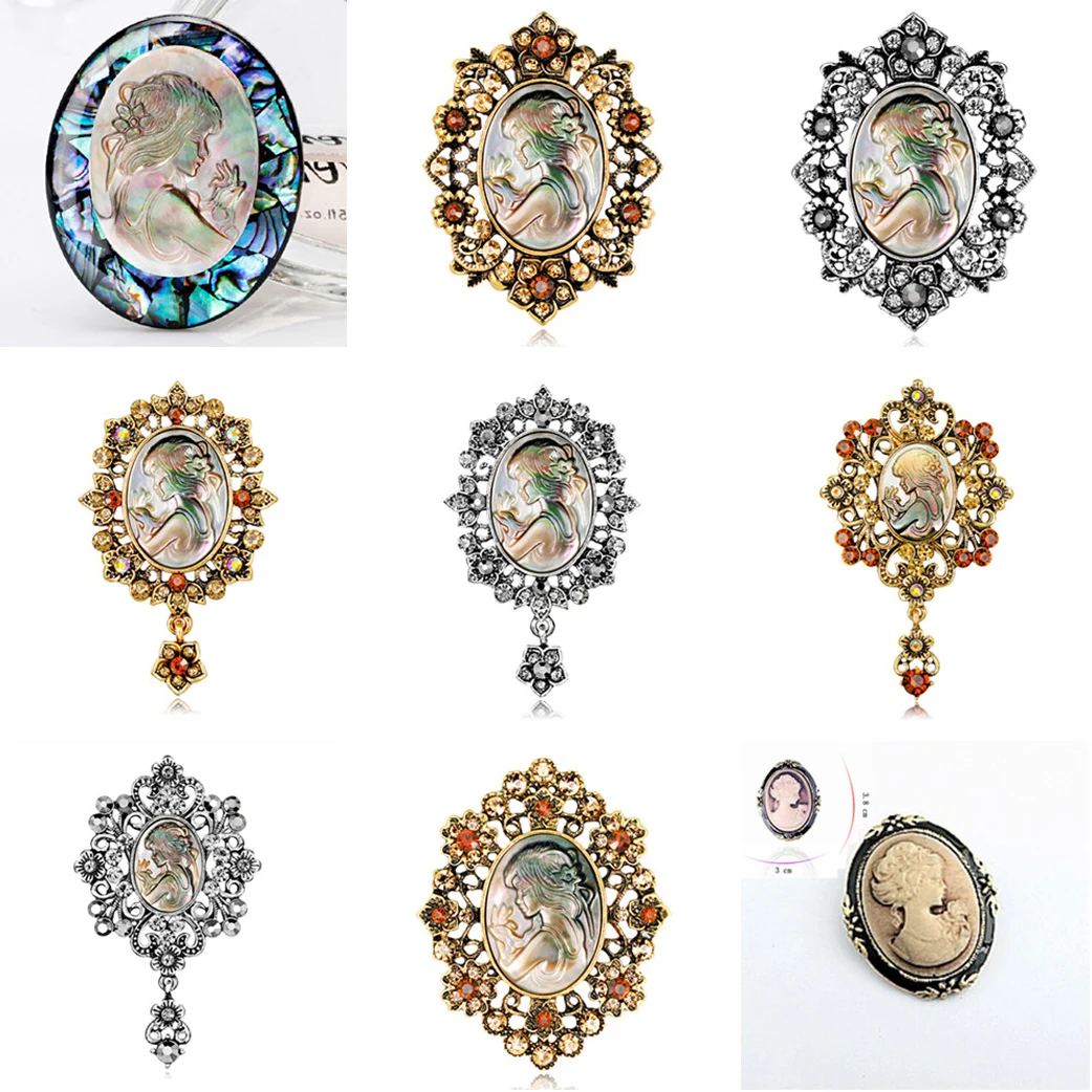 

1 Pc Vintage Rhinestone Crystal Cameo Beauty Head Brooches For Women Brooch Pin Anquite Hollow Out Flower Brooch