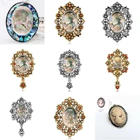 1 pc vintage rhinestone crystal cameo beauty head brooches for women brooch pin anquite hollow out flower brooch