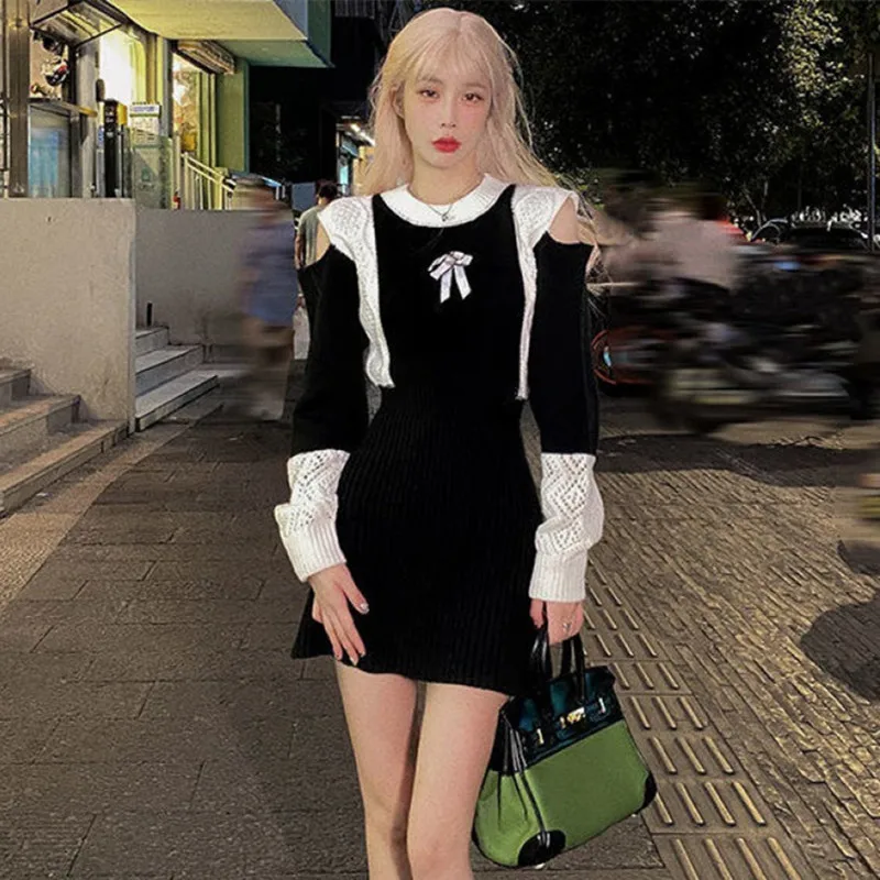 

2022 Korean Off-The-Shoulder Sweater Dress Sweet Women Sexy Long Sleeve Knitted Dress Fashion Office Lady Slim One Piece Vestido