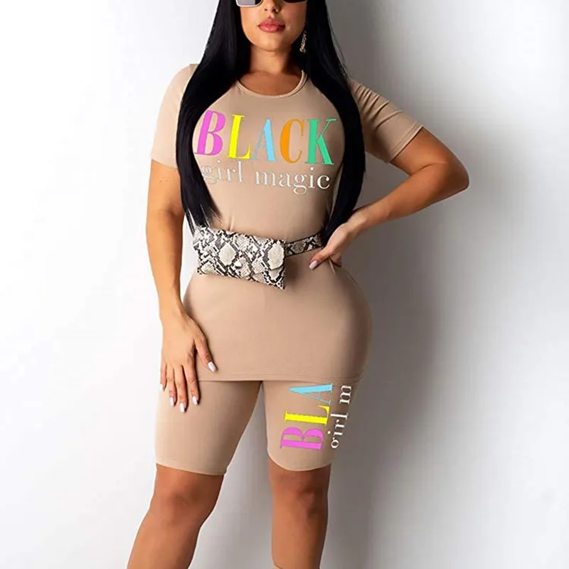 

2020 Women's Summer 2 Piece Outfit Casual Letter Print Short Sleeve T-Shirts + Bodycon Shorts Suit Women Tracksuit