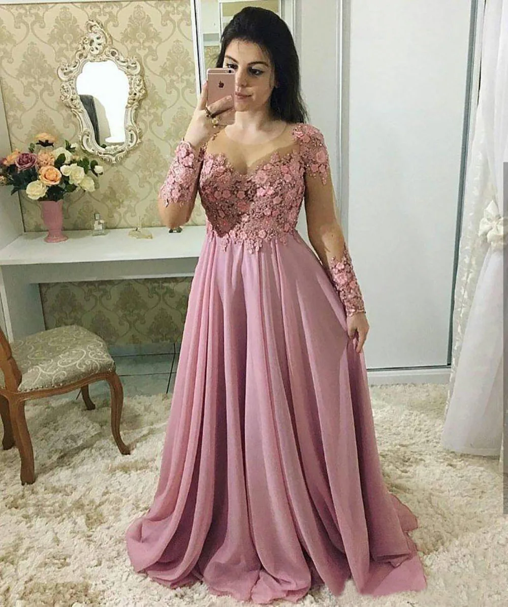 

Lace Evening Wear With Long Sleeves Sheer Jewel Neck Beaded Prom Gowns Vestidos De Fiesta Sweep Train Chiffon Formal Dresses
