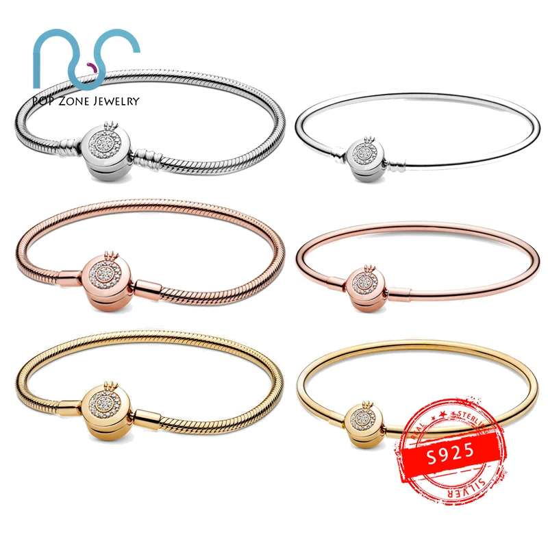

S925 Sterling Silver Bracelet Brand Original 1:1 With Logo Pan Crown Letter Bangle DIY Hot Selling Fashion Luxury Women Jewelry