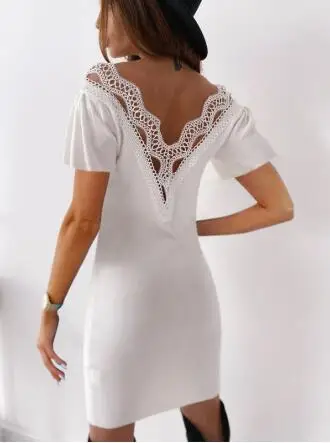 

European and American summer women's backless fashion solid color sexy Vestidos V-neck hollow lace party Dresses