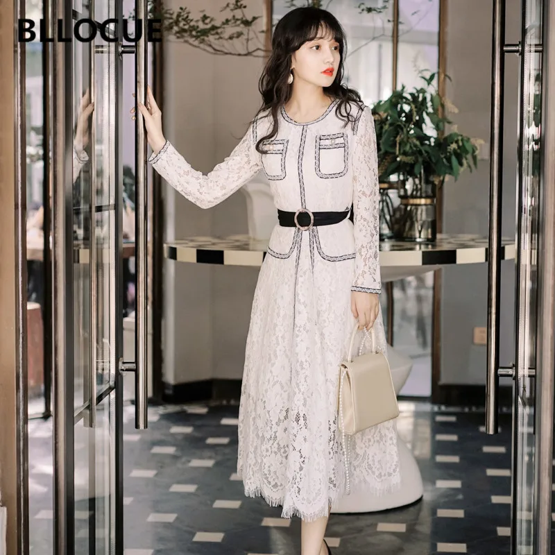 BLLOCUE свитер-гольф в Корейском стиле аромат Для женщин белое кружевное платье 2019