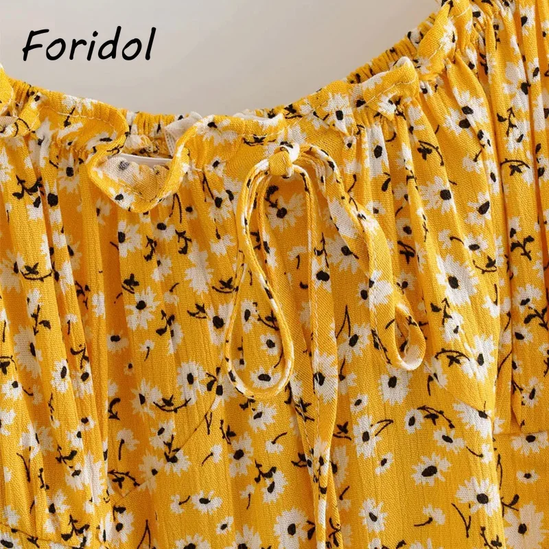 

Foridol Floral Print Yellow Boho Dress Women Puff Sleeve Short Mini Summer Dress Beach Casual Lace Up Sundress 2021 Cotton Dress