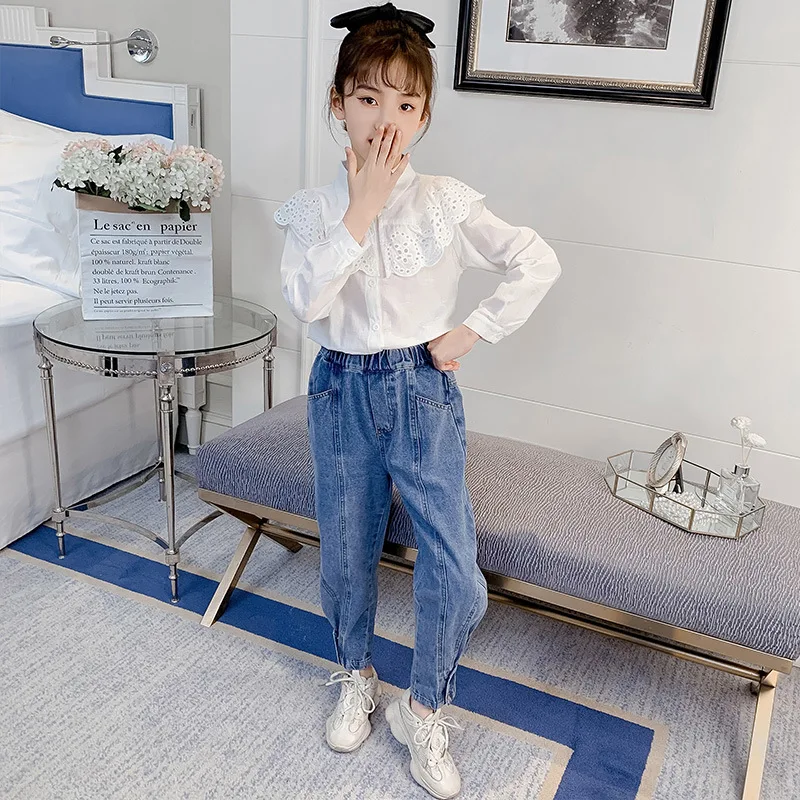 

New 2021 Autumn Big Girls Suit Long Sleeve Shirt White Tops And Jeans Pants 2 Pcs Set Baby Spring Teen Kids Clothing Sets
