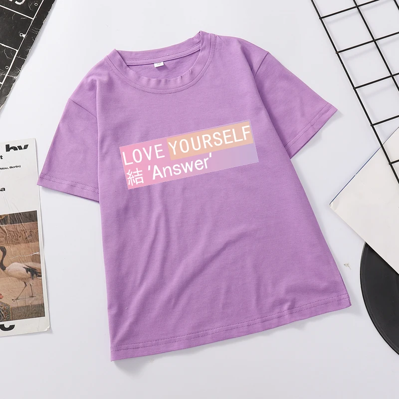 Летняя Корейская одежда в стиле K-POP хлопковые футболки с коротким рукавом для