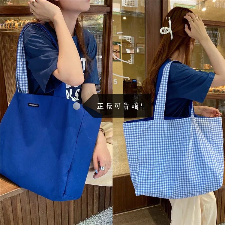 

Casual Plaid Canvas Bags for Women New Large Capacity Fabric Double-sided Use Shopping Student Girls Shoulder Bags Tote Handbag