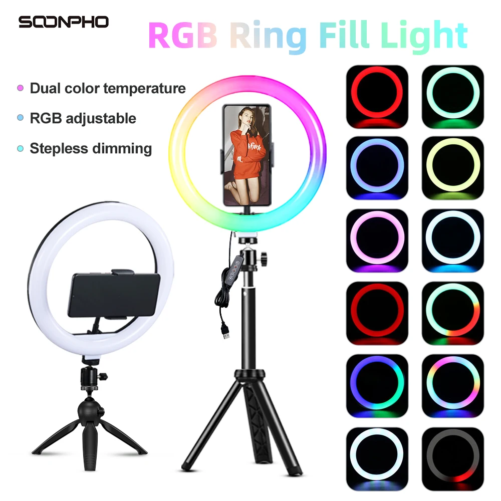 

RGB Led Ring Light With Stand colorful Lighting 16 Colorlight,3 Normal Modes Dimmable Selfie 10inch Ring Light For Youtube Video