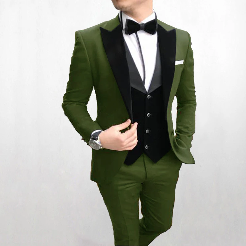 

New Arrival Men Suits Olive Green and Black Groom Tuxedos Peak Lapel Groomsmen 3 Pieces Set ( Jacket+Pants+Vest+Bow Tie ) D311