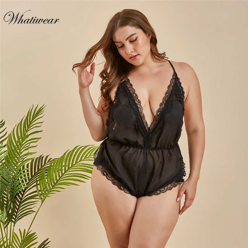 Whatiwear Plus Size Deep V Neck lace bodysuit transparent female body hot sexy teddies jumpsuits women deep V mesh Bodysuit