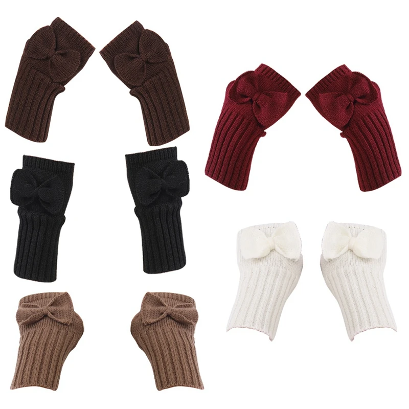 

Autumn and Winter Women's Bowknot Cute Fashion Gloves Knitted Woolen Warm Half-Finger Fingerless Gloves