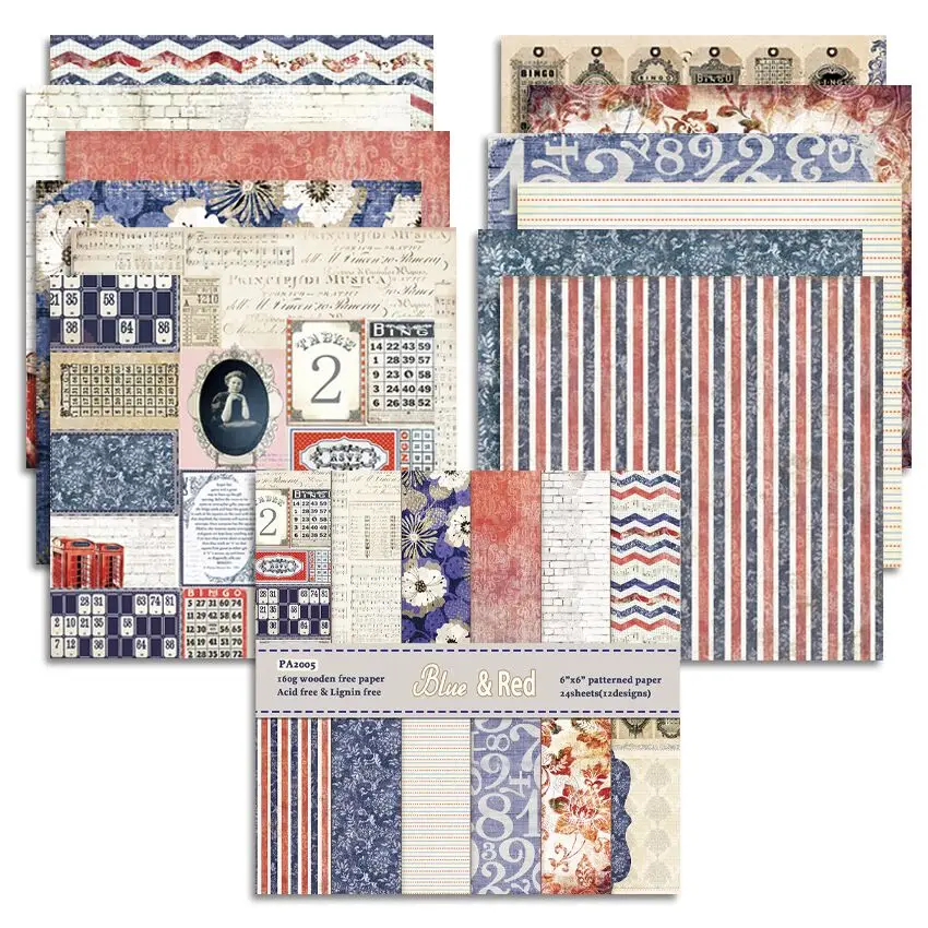 Сине-красная бумага для скрапбукинга упаковка из 24 листов бумажная подложка