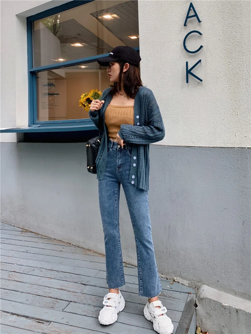 S-xl 2019 Осень корейский стиль Высокая талия расклешенные джинсы для женщин прямые
