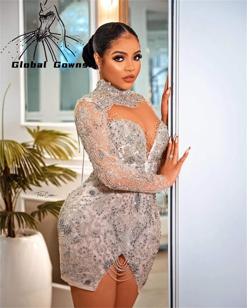 

Aso Ebi African Sexy High Neck Short Prom Dresses 2021 Beaded Tassel Party Gowns Slit Mini Robes De Cocktail Homecoming