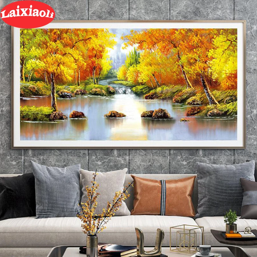 

full square diamond painting yellow forest tree creek for embroidery round diamond mosaic paintings wall stickers decoration art