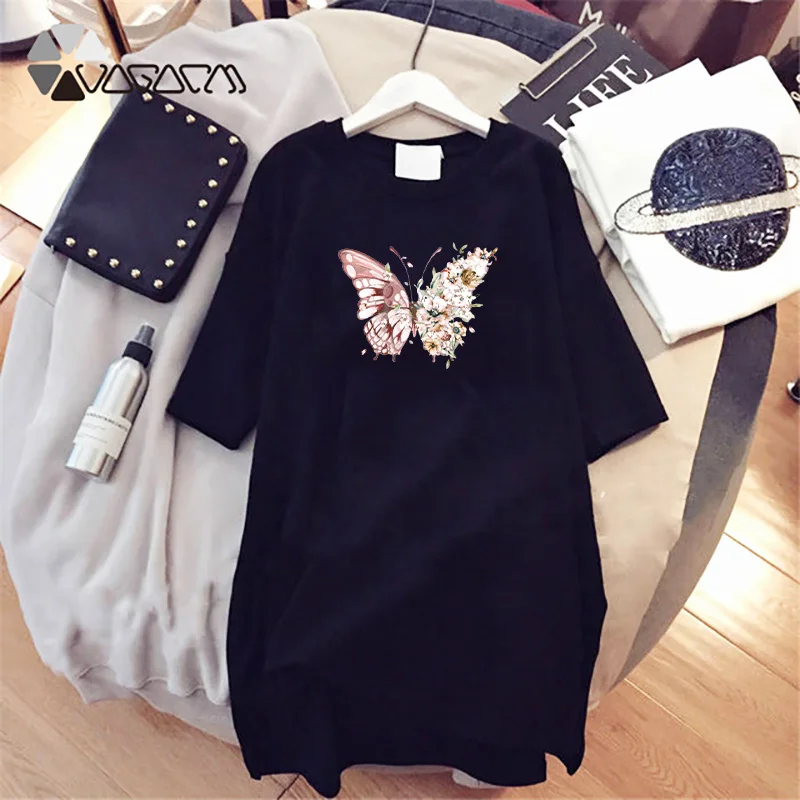 

Dresses For Women Pink Flower Butterfly Print Short Sleeve O-neck Loose Harajuku Daily Home Plus Size Dresses Girl Mini Vestido