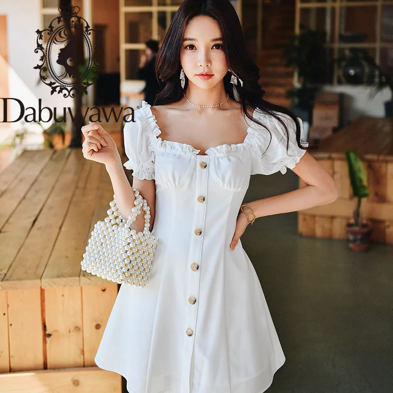 

Женское платье с рюшами Dabuwawa, винтажное однотонное приталенное платье трапециевидной формы с рукавами-фонариками и пуговицами спереди, веч...