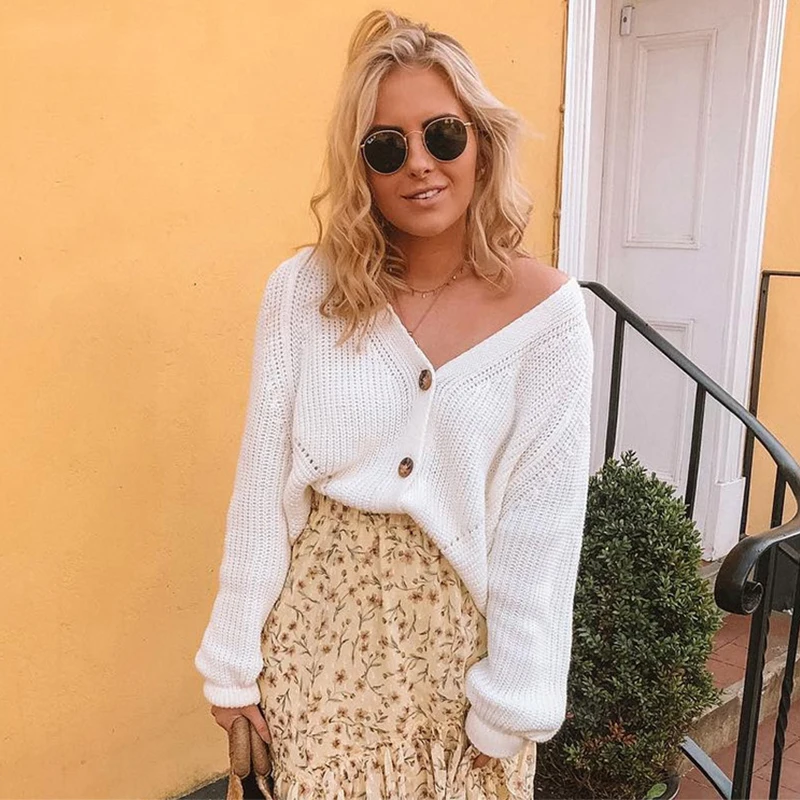 Женский вязаный кардиган однотонный однобортный джемпер с v-образным вырезом на