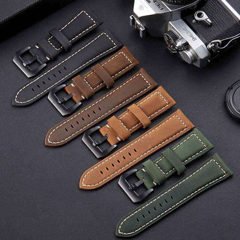 Genuine Leather Watch band 26mm 20mm 22mm 24mm Vintage Replacement Strap For Panerai Fossil Oil Nubuck Leather Universal Bands