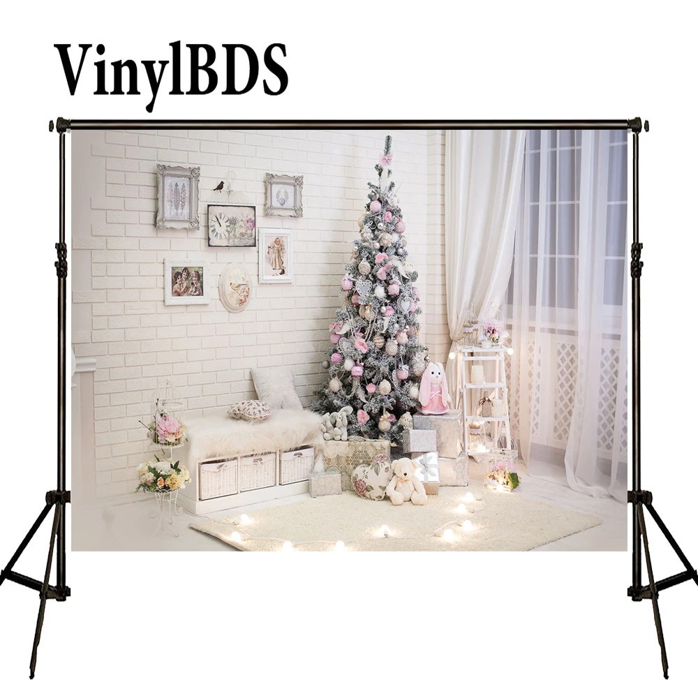 

VinylBDS Christmas Indoor White Background Vintage Brick Wall Curtain Backdrops Romantic Interior Decoration for Children Baby