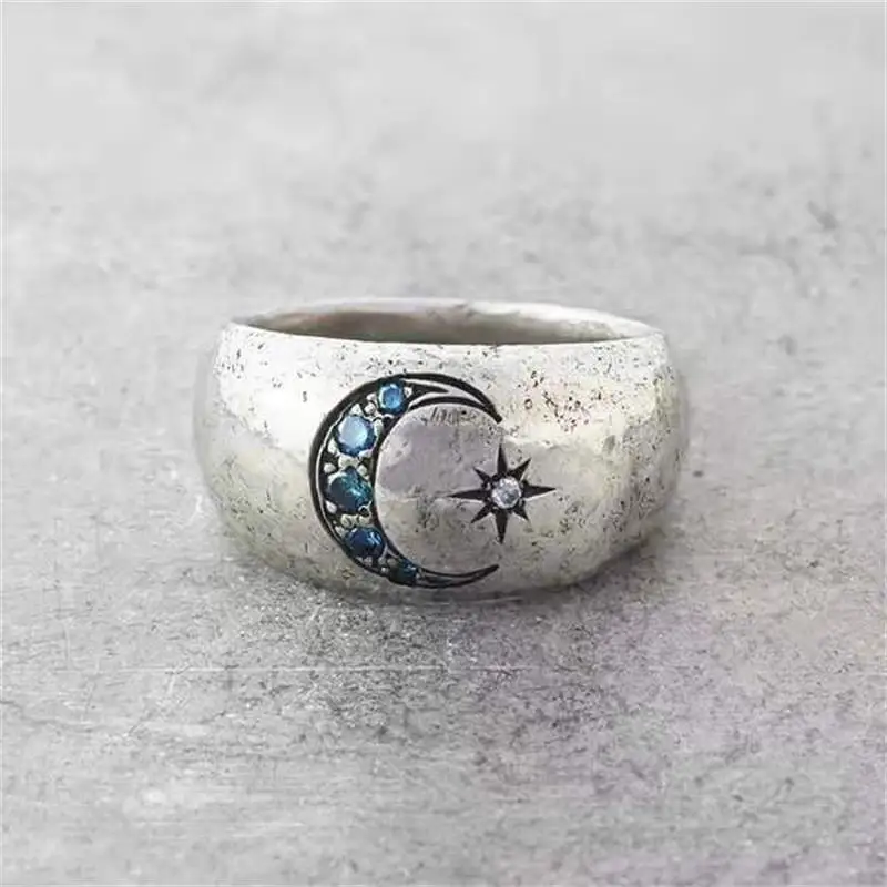 

Women's Simple Engagement Ring Fashion Sun Moon Inlaid Gemstone Ring Birthday Gift 2021 Retro Trend Matching Jewelry