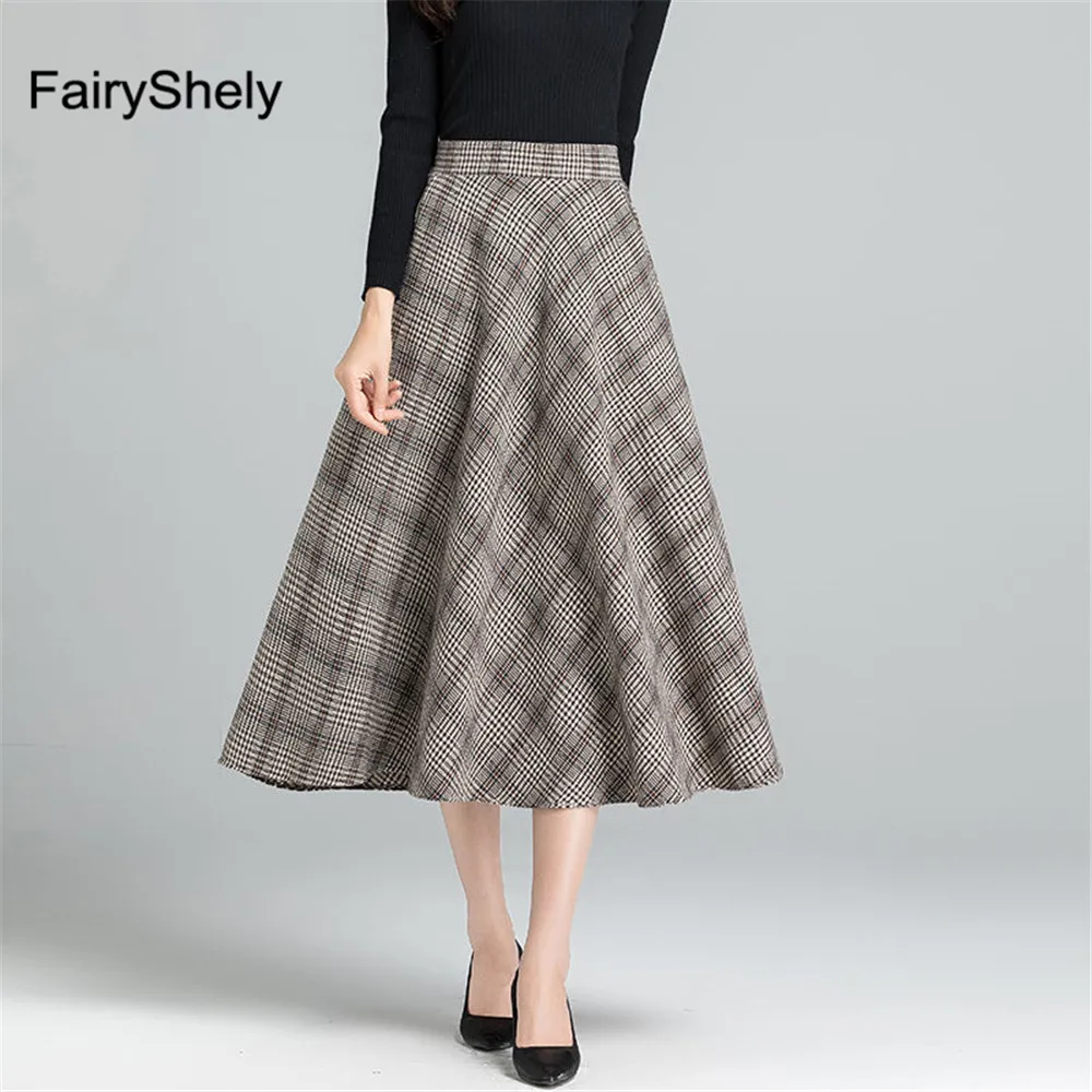 

FairyShely, Осень-зима 2021, Юбка До Колена с высокой талией, женская повседневная шерстяная юбка в клетку с карманами, Женская длинная юбка в клетк...