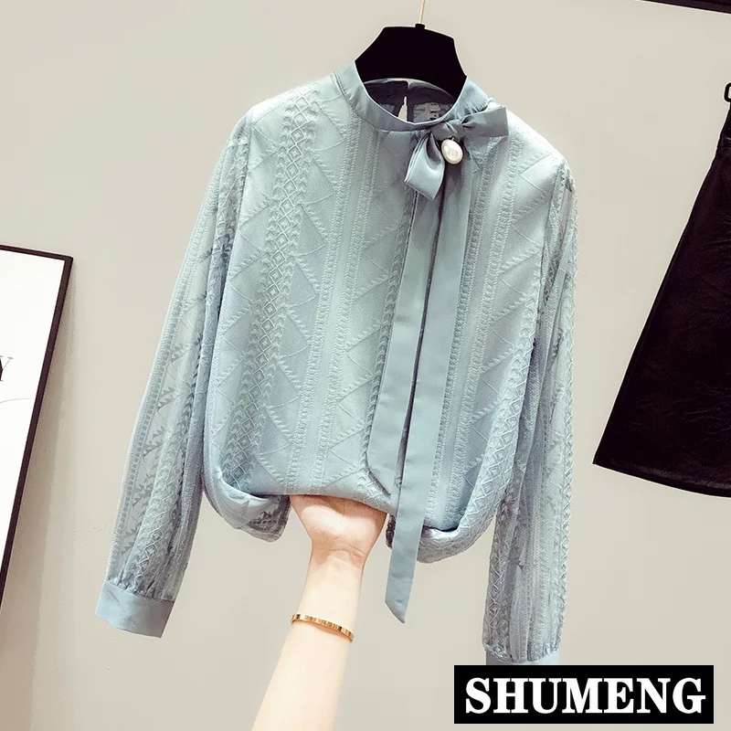 Женская шифоновая кружевная рубашка универсальная Элегантная блузка с длинным