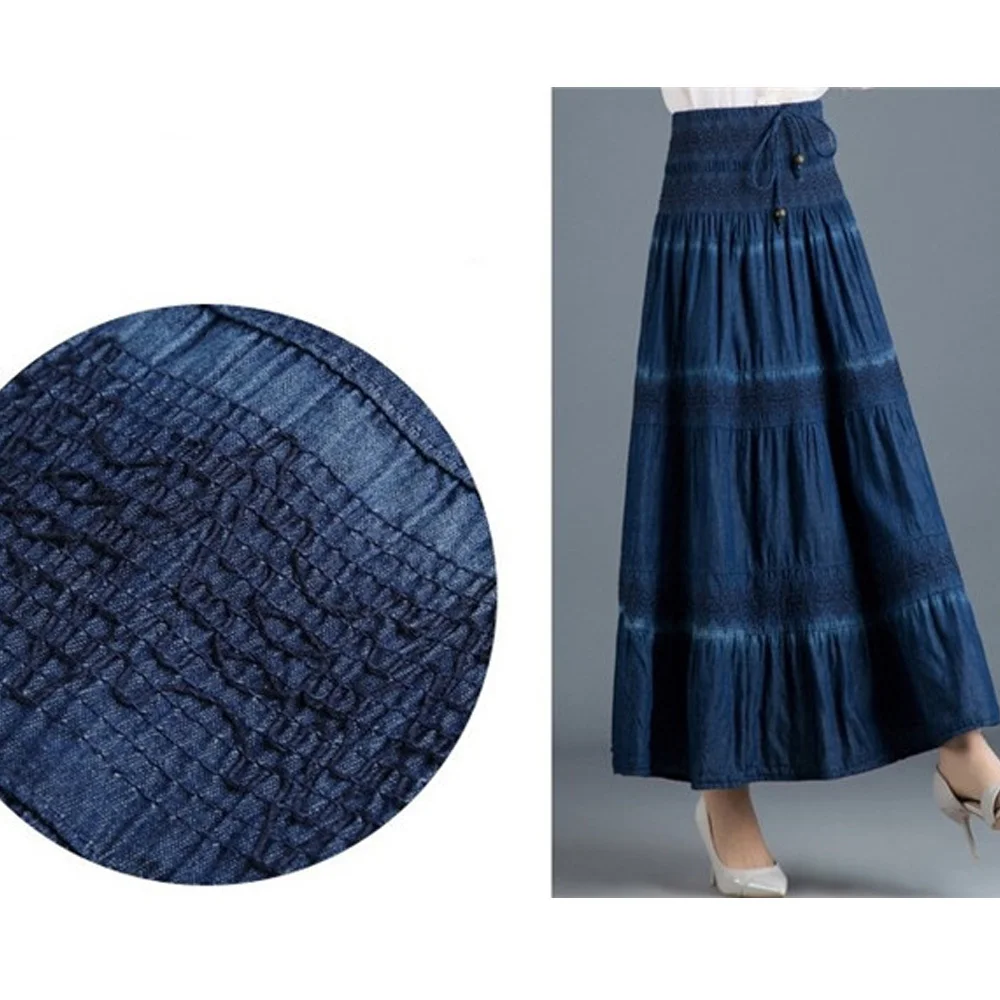 

Casual Jeans Skirts Women's Denim Maxi Skirt Elastic High Waist Party Solid 2021 Long Summer Skirt Pleated Jupes Femininas