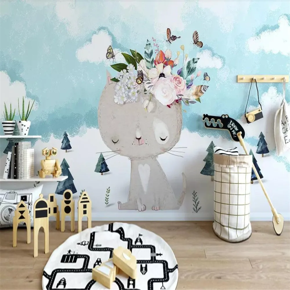 Custom large 3d photo wallpaper Nordic modern cartoon kitten flower children's room background wall decoration cloth | Обустройство
