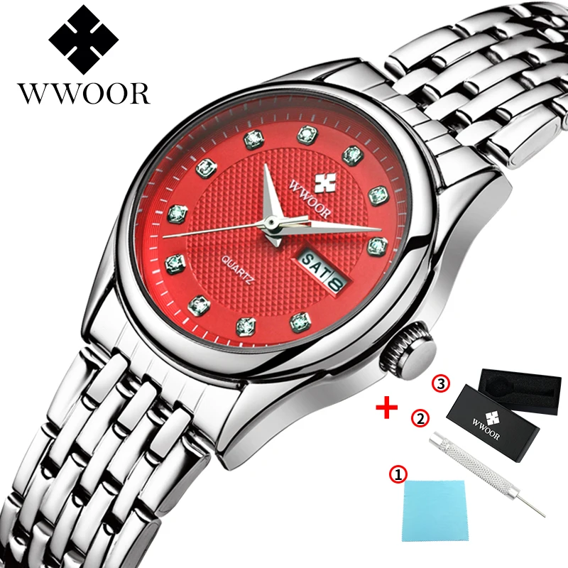 Red WWOOR, бренд, модные женские часы, кварцевые часы, платье, женские повседневные спортивные наручные часы, ремешок из нержавеющей стали, красный циферблат, zegarek - Цвет: Red
