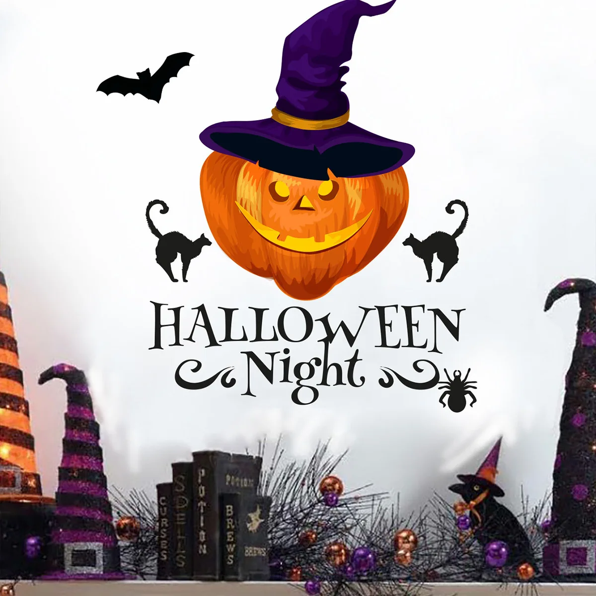 

Hooded Pumpkin And Cat Halloween Stickers Glass Living Room Bedroom Decoration Wall Stickers Wallpaper Self-Adhesive