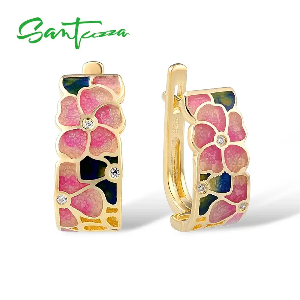 

Женские серебряные сережки-гвоздики SANTUZZA, из серебра 925 пробы с эмалью и кубическим цирконием, золотистого цвета, модные ювелирные украшени...