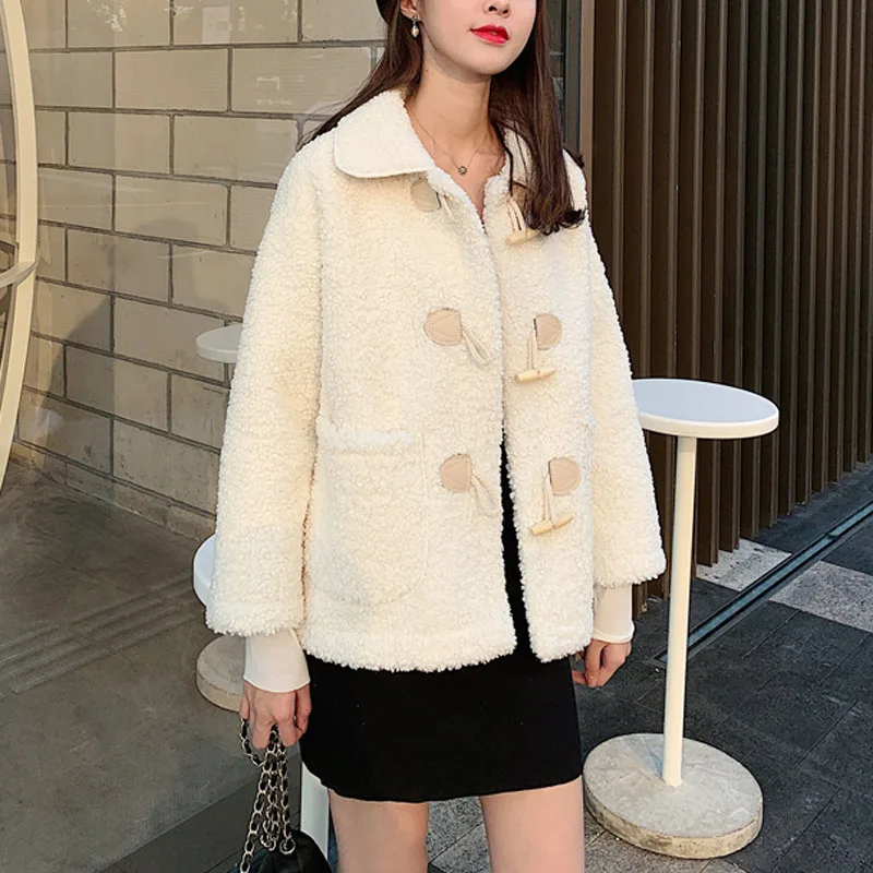 PERHAPS U Women White Green Faux Fur Jacket Coat Turn Down Collar Pocket Outwear Horn Button Warm Thick Ted Lamb Fur Solid C0252