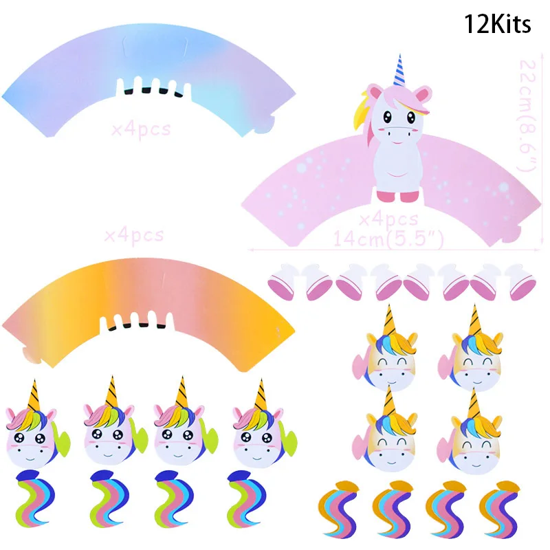 12kits wrappers-B WEIGAO Единорог на день рождения декорации фоторамка реквизит Единорог шар чашки тарелки салфетки Дети День рождения Единорог вечерние принадлежности - Цвет: 12kits wrappers-B