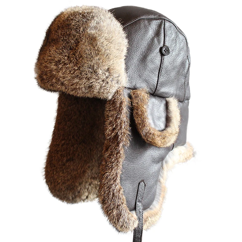 Winter Fur Bomber Hat Men Women Leather Russian Hat Snow Trapper Cap Warflap Ushanka
