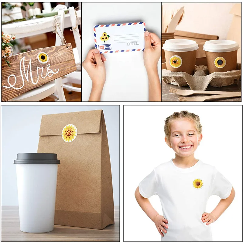 

500 Pcs Round Kids' Reward Stickers Roll Pretty Sunflower Flower Sticker Small Business Personalized Tags Envelope Seal Stickers
