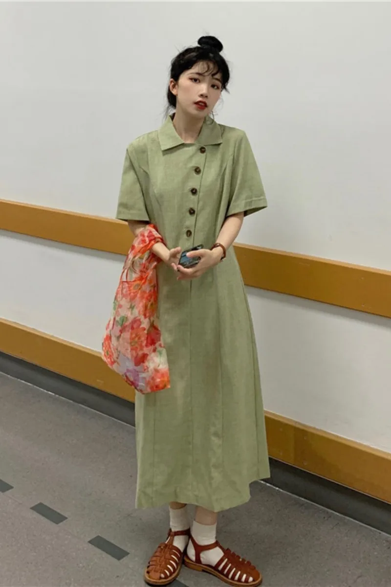 

ZCSMLL The new vintage green temperament short-sleeved dress female Japanese waist slimming mid-length skirt 2021 summer tide