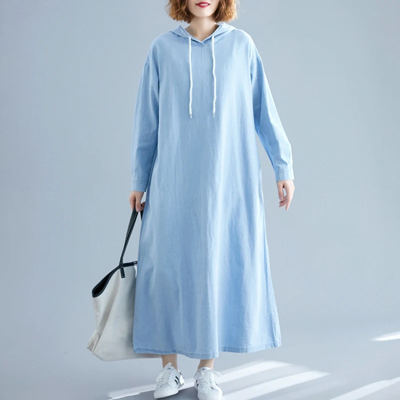 Женское тонкое джинсовое платье с капюшоном размера плюс винтажное осеннее