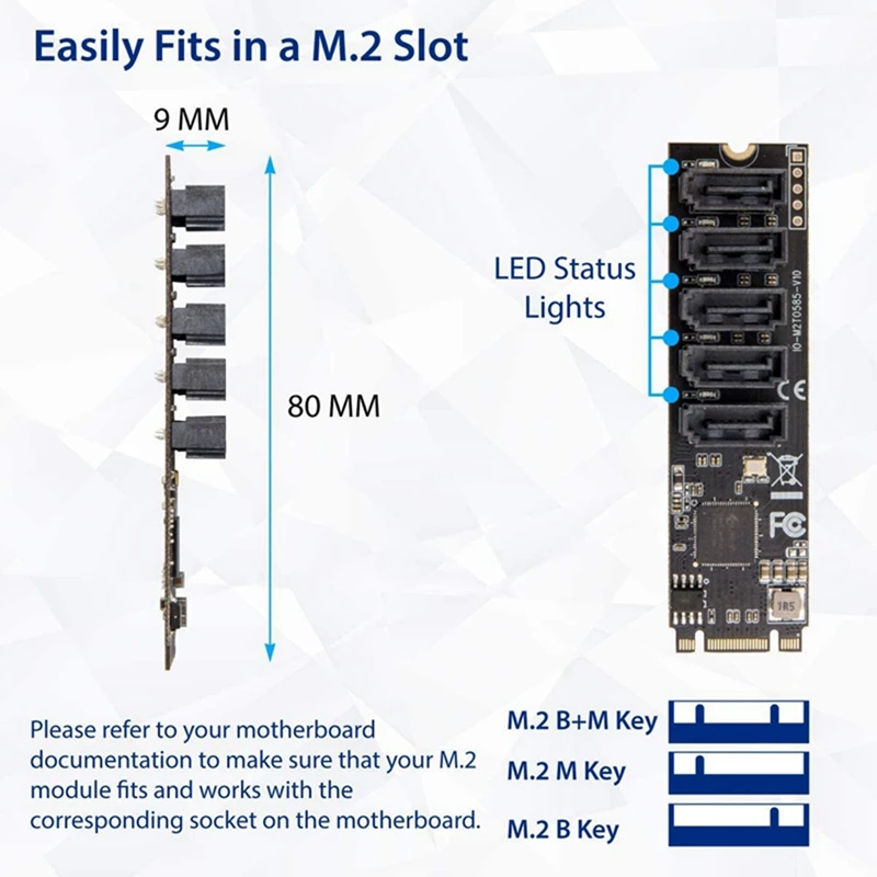 

M2 to SATA3 Expansion Card,M.2 NVME to SATA3.0,SSD Adapter 5 Port,M.2(PCIe) to 5 Ports SATA Add on Cards,JMB585 Chipset