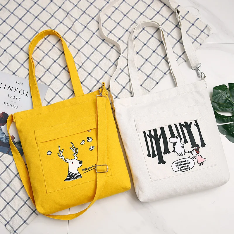 Женская тканевая сумка с милыми животными черно белая на одно плечо для покупок