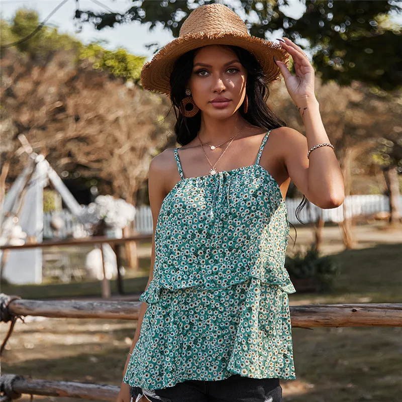 

2021 Spring New Print Casmis Women Sexy Ruffles Floral Tank Tops For Women Fashion Summer Camis