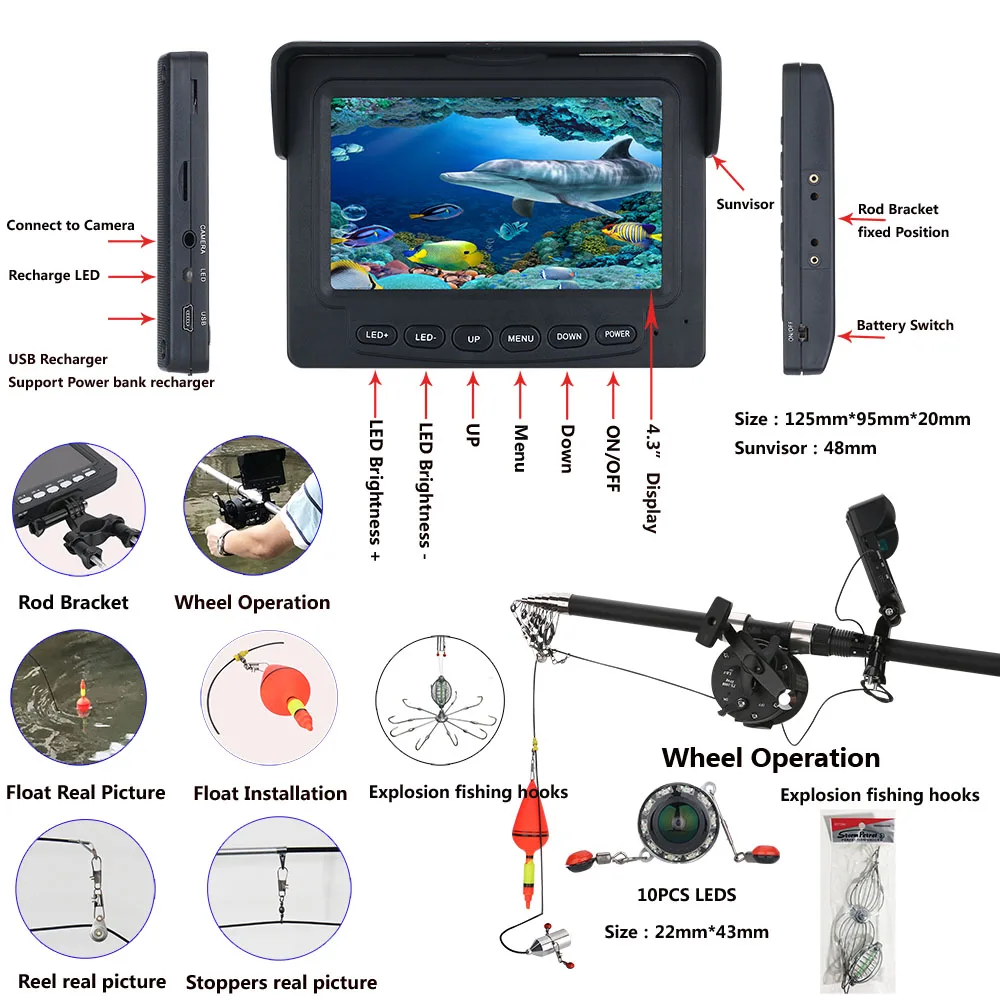 

4.3'' 25M 1000TVL Fish Finder Underwater Fishing Camera 175 Degrees Sea wheel Camera with Fishing hook 3.6M Fishing Rod