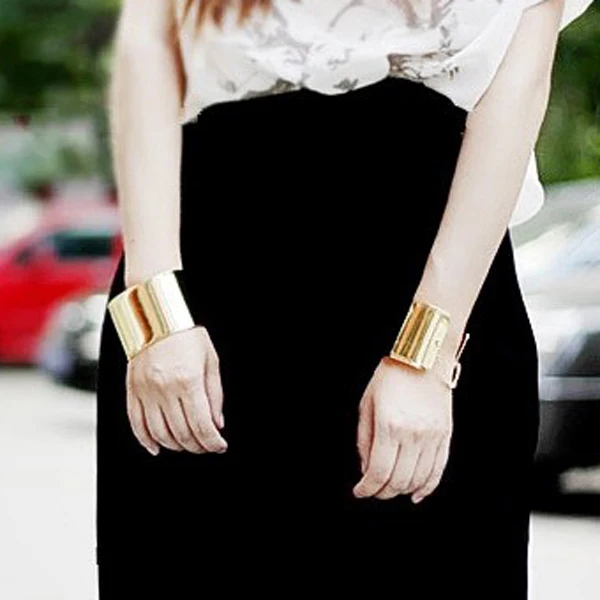 1 пара панк Ro зеркальный золотой цвет сплав широкий металлический браслет