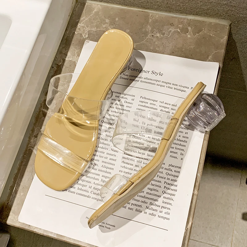 Летние прозрачные Тапочки женские квадратном каблуке ботинки на среднем без