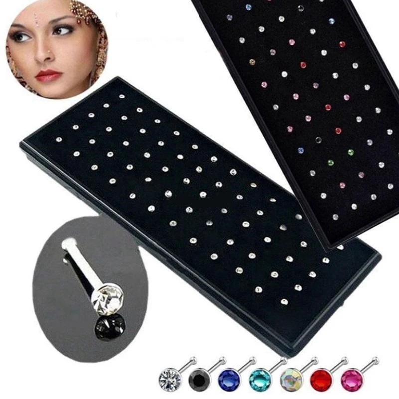 

60 Pcs|1.8mm Medical Steel Material Hypoallergenic Inlaid Titanium Rhinestone Heart-Shaped Nose Nails Body Piercing Jewelry