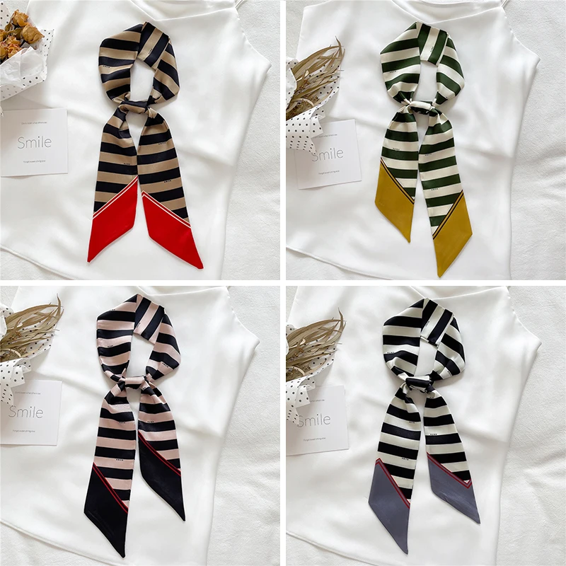 

Stripe Print Fashion Slik Skinny Scarf Women Headband Fashion Hair Bands Girl Ribbon Lady Handkerchief Bandana Accessories 2021